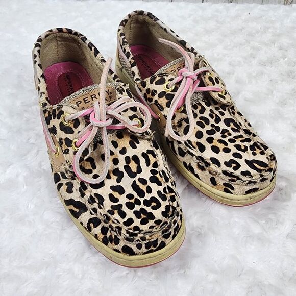 Sperry Bluefish Brown Leopard Print Pony Hair Boat Shoes Size 7.5 - Picture 1 of 9